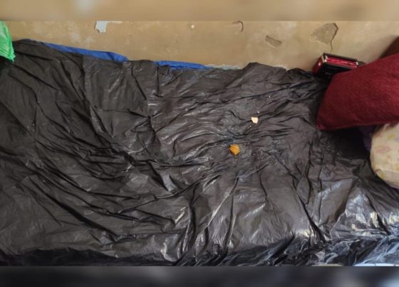 Cama coberta com saco plástico preto e almofadas sujas - Metrópoles